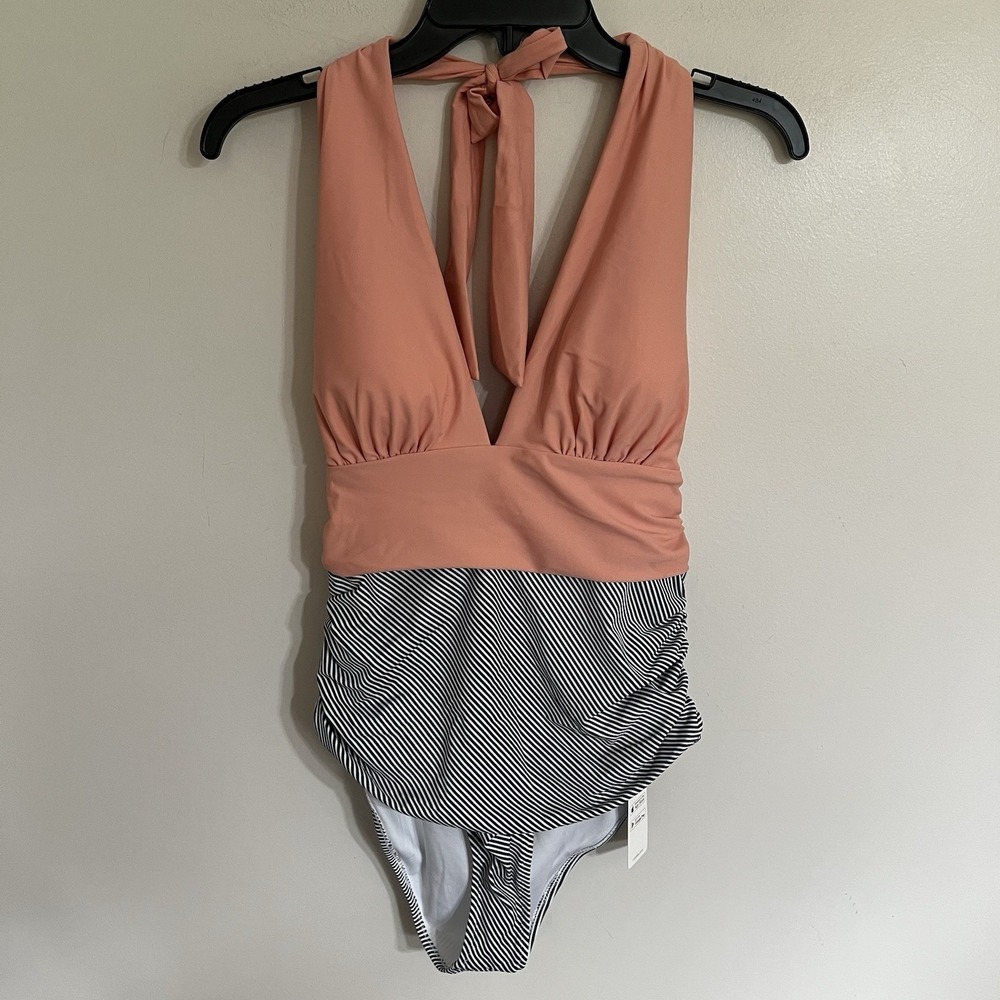Cupshe Peach and‎ Black White Striped Halter One Piece Swimsuit Large NWT